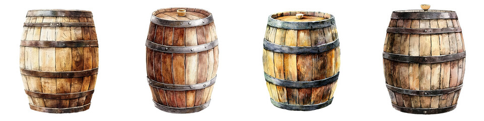 Fototapeta premium A collection of rustic wooden barrels, ideal for vintage themes, craft projects, and historical settings.