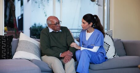 Nurse, support and uneasy with old man on sofa in living room for Alzheimer, behavior symptoms and helping others. Healthcare, medical and senior care with people in retirement home for sympathy
