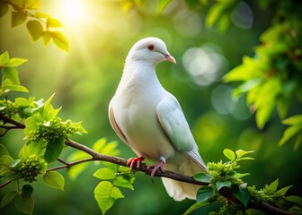 Obraz premium A serene white dove perches on a delicate branch, surrounded by lush green leaves, symbolizing harmony, hope, and