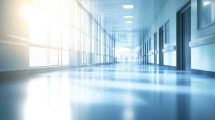 A bright, empty hospital corridor with large windows, showcasing a clean and sterile environment.