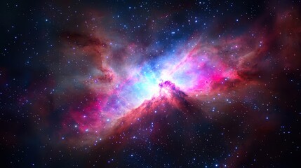 A vibrant nebula expanding into an abstract galaxy, with pulsating light waves creating an ethereal scene