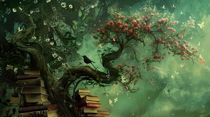 Obraz premium A magical tree grows from a stack of books, with blooming flowers, red apples, a bird, and butterflies flying around it.