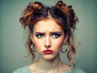 Fototapeta premium A skeptical young woman with pierced nose and bold hairstyle casts a sidelong glance, her raised eyebrow and