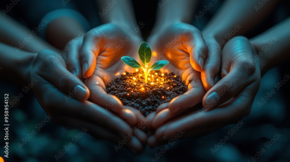 Wall mural Hands Holding a Small Plant with Light