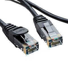 High-resolution image of two black Cat8 Ethernet cables with RJ45 connectors, gold-plated contacts, clear housing, and embossed 'CAT8' strain relief, generative ai