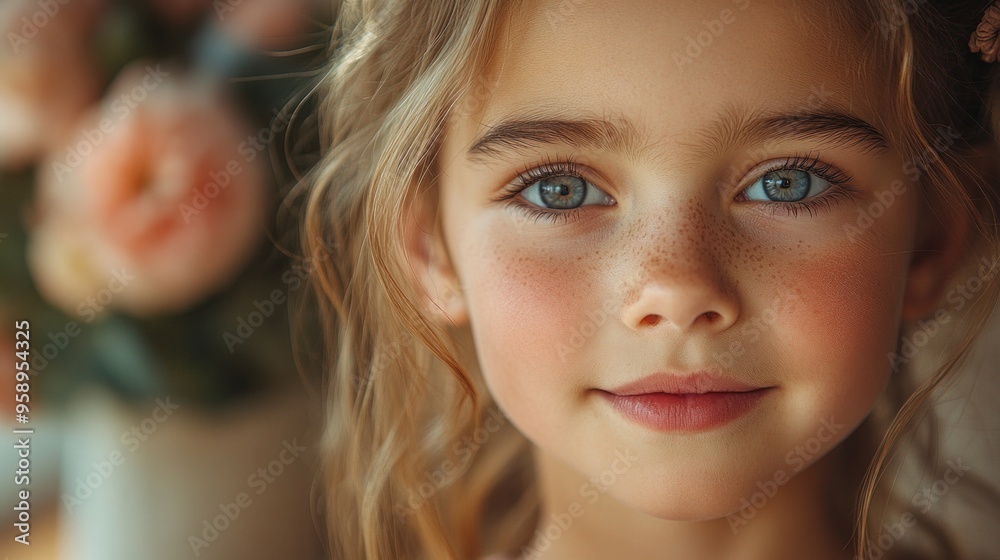 Poster Close-up Portrait of a Young Girl with Freckles