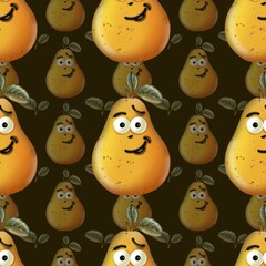 Playful animated pears with mischievous expressions against a dark background