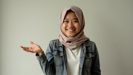 Smiling Hijabi Woman Pointing