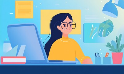 Fototapeta premium Young Woman Working at Her Desk with Laptop and Office Supplies