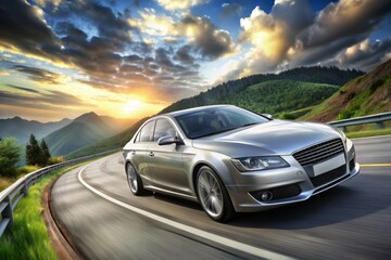 Fototapeta premium A sleek, silver sports sedan with bold lines and chrome accents speeds down a winding highway, clouds and