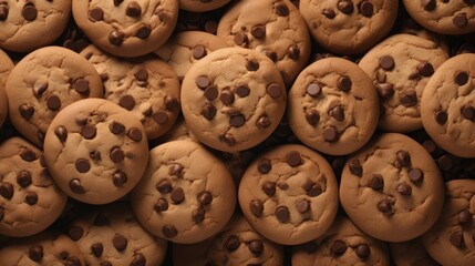 Obraz premium Chocolate chip cookies with melting chocolate, top shot on brown paper. Neural network ai generated art