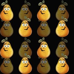 Cheerful cartoon pears with smiling faces arranged in a playful pattern on a dark background