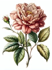 Beautiful Blooming Rose Peony Flower Leaves Nature Illustration