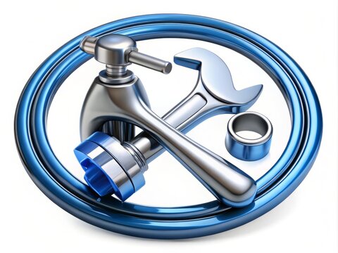 A stylized illustration of a faucet and wrench entwined in a circular formation, symbolizing reliable and efficient