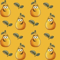 Playful pear characters with cheerful expressions on a vibrant yellow background