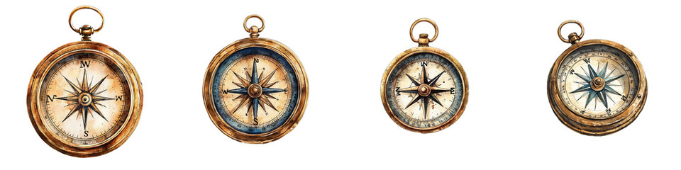 A collection of vintage compasses showcasing unique designs, perfect for travel, adventure, and exploration themes.