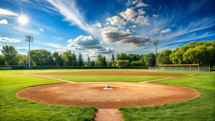 A sunny afternoon scene of a lush green baseball diamond with freshly lined bases, a pitcher's mound, and
