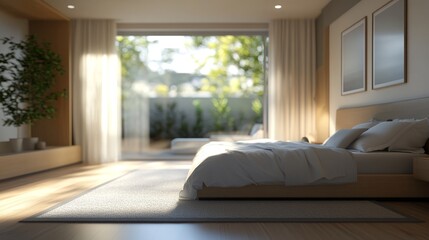 A serene bedroom with a minimalist design, featuring natural light and a cozy atmosphere.