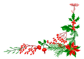 Fototapeta premium Background with winter plants. Merry Christmas and Happy New Year decoration.