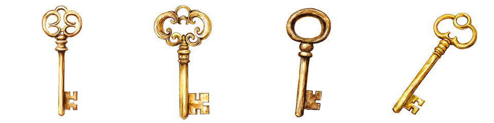 A collection of vintage gold keys, showcasing intricate designs and historical elegance, perfect for decoration or symbolism.