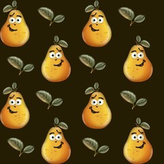 Naklejka premium Cute cartoon pears with smiles and leaves on a dark background in a playful pattern design
