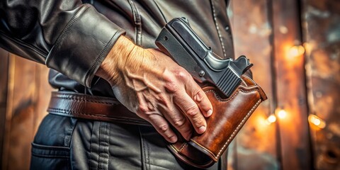 A tense, close-up shot of a lone hand swiftly drawing a sleek, black pistol from a worn leather