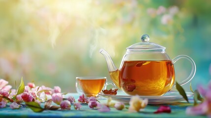 Tea professional advertising poster. Cup of tea on the table with kettle and lemon
