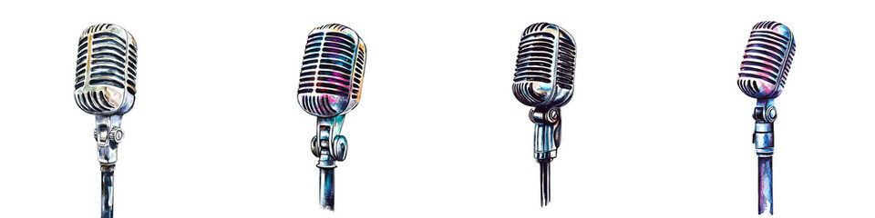 Fototapeta premium A collection of vintage microphones on a black background, showcasing their classic design and elegance, perfect for music themes.