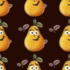 Happy cartoon pears with faces against a dark background in playful pattern design