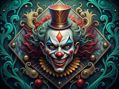 A vibrant, menacing, and stylized illustration of a sinister clown-like figure on a playing card, surrounded by ornate
