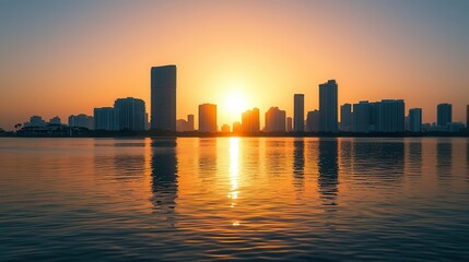Obraz premium Breathtaking sunset over a city skyline reflected in calm water, showcasing vibrant colors and urban tranquility.