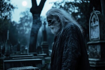 An old man with white hair stands somberly in a dark graveyard.