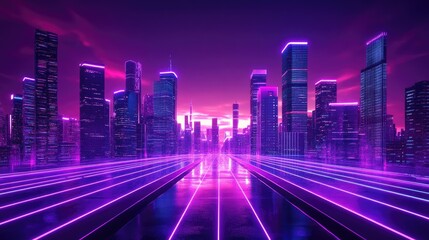 Obraz premium Modern urban architecture and cityscape bathed in neon light effects, creating a futuristic, hi-tech atmosphere. Ideal for science and technology themes.