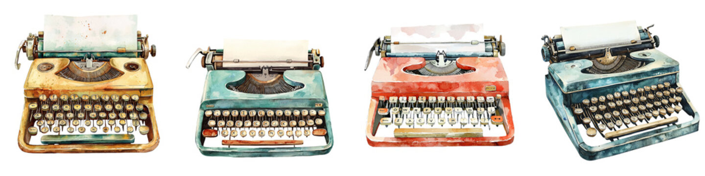 A collection of vintage typewriters showcasing colorful designs, perfect for retro themes and creative projects.