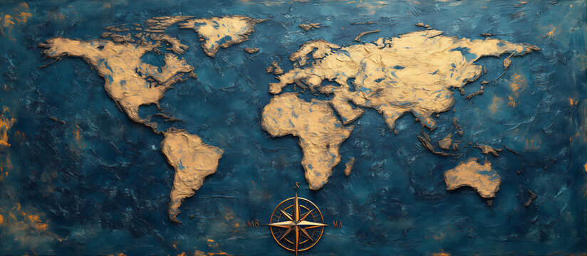 Um mapa detalhado do mundo com uma textura semelhante a papel, mostrando v&aacute;rias massas de terra e oceanos. O fundo &eacute; uma tela azul texturizada com sutis toques de amarelo, proporcionando profundidade 