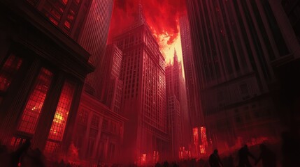 A demonic view of Wall Street, with shadowy, elongated buildings, red-glowing windows, and figures shrouded in darkness, under a crimson sky