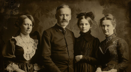 old photo of family, in the victorian style, father mother and two daughters, black background, sepia tone. style of 19th century style, vintage retro style Sepia-Toned Vintage Family Portrait