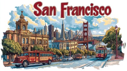 Obraz premium San francisco skyline with cable car moving uphill past victorian houses