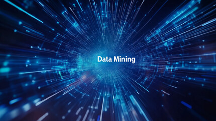 Fototapeta premium Abstract digital tunnel with glowing lines, text reads Data Mining.