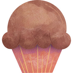Hand drawn watercolor painting of chocolate muffin or cupcake with colorful wrapper. Food illustration. Sweet treat, dessert. Party, birthday, event snack. Isolated, cut out element.