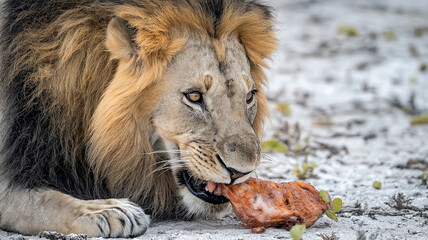 Obraz premium Close-up of a majestic lion eating meat.