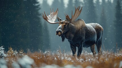 Large bull moose standing in snowfall with antlers covered in snow