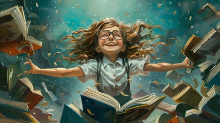 Smiling girl with glasses surrounded by many open books. She looks happy and full of energy, with her arms outstretched, as if enjoying the flow of knowledge.
