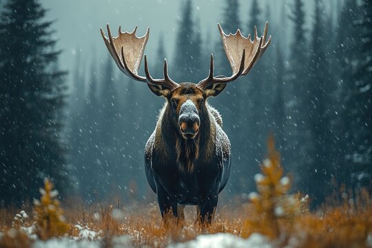 Large bull moose standing in snowfall with antlers covered in snow