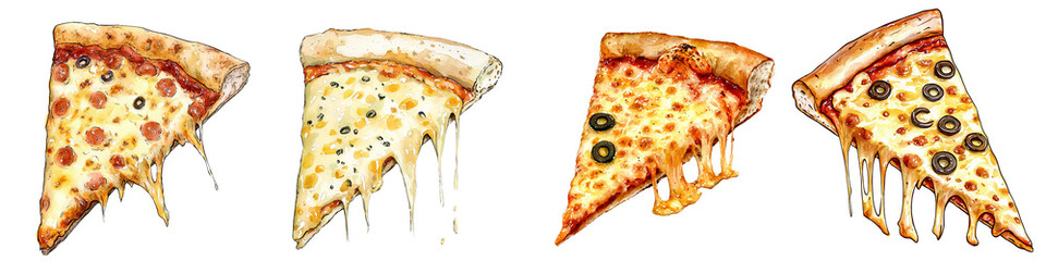 A delicious assortment of pizza slices, featuring toppings like cheese, pepperoni, and olives. Perfect for food lovers.