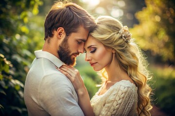 Fototapeta premium An Intimate Portrait Of Two Lovers Sharing A Gentle Embrace Against A Soft, Romantic Backdrop