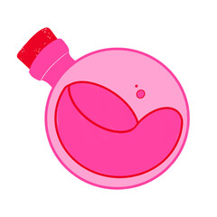 Simple cartoon illustration of a round bottle of pink potion. Love potion concept. Cursed liquid. Science. Laboratory equipment glass, medicine. Chemistry.