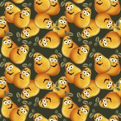 Fun and cheerful pattern of cartoon pears with faces on a dark background