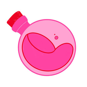 recommend clip art: Simple cartoon illustration of a round bottle of pink potion. Love potion concept. Cursed liquid. Science. Laboratory equipment glass, medicine. Chemistry.