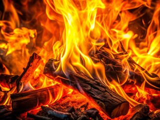 Fototapeta premium Bright orange and yellow swirling flames erupt from a crackling blaze, casting a warm glow against a dark,
